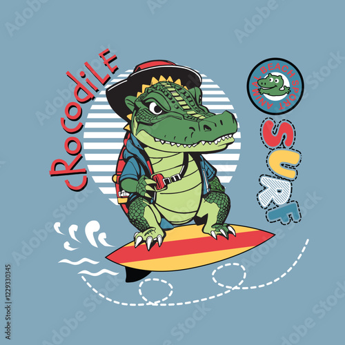 Cute animal character surfing on the waves at an island beach, tropical adventure concept.
