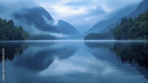 A calm lake with mist rising from the water, surrounded by mountains and reflecting a serene blue atmosphere, AI generated