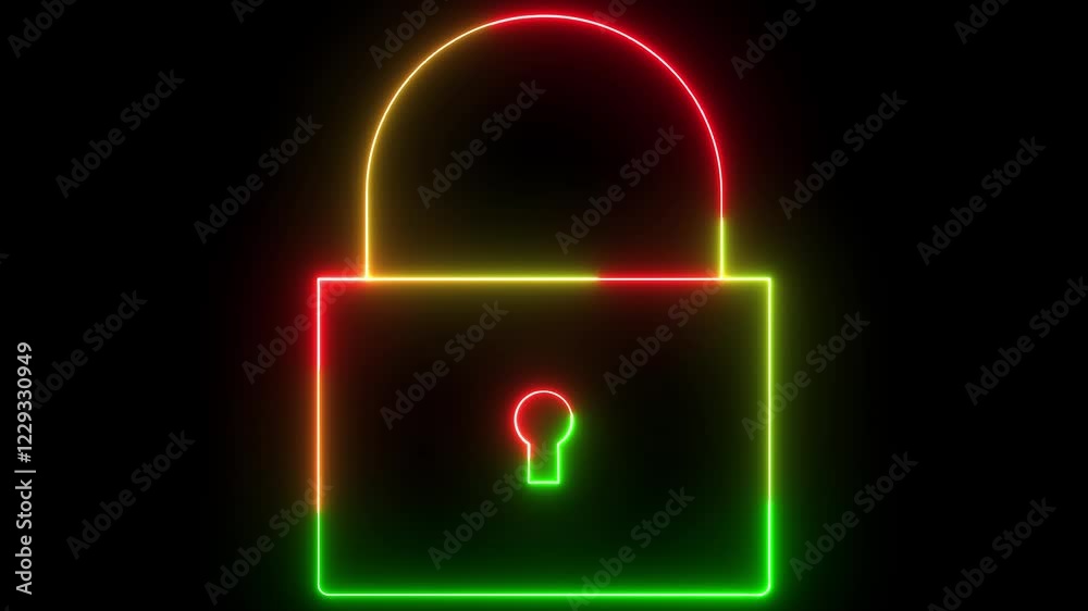 red green color neon glowing lock icon animation privacy security safety protection password secure encryption sign symbol on black background 