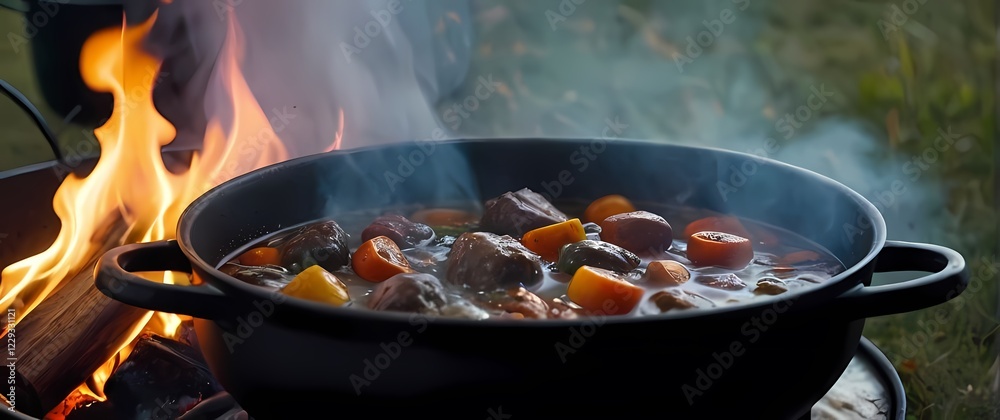 A dynamic close up of a bubbling cauldron of stew simmering on a fire during an outdoor cooking session A dynamic close up of a bubbling cauldron of stew simmering on a fire during an outdoor cooking session