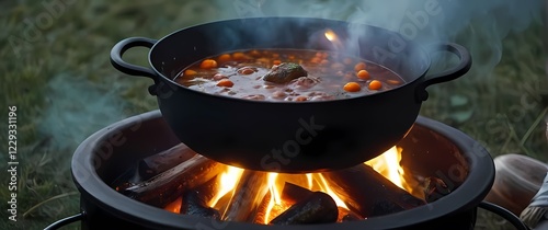 A dynamic close up of a bubbling cauldron of stew simmering on a fire during an outdoor cooking session photo