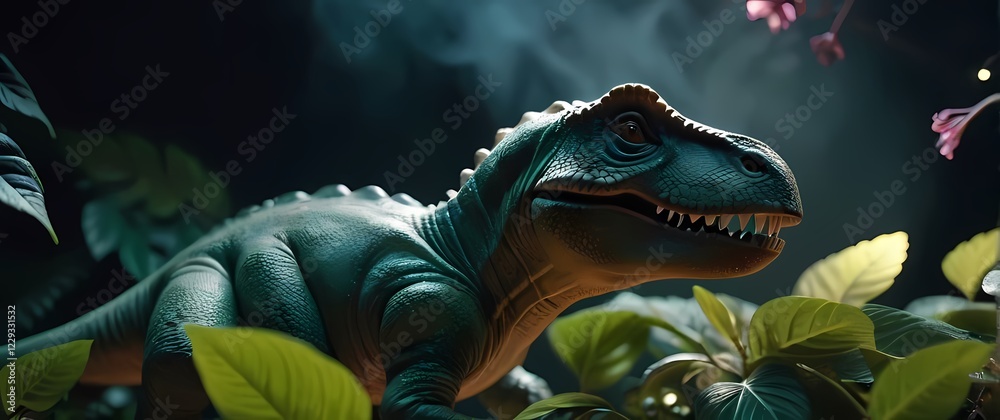 A dynamic close up of a tiny dinosaur nestled by blooming foliage shining in vibrant light A dynamic close up of a tiny dinosaur nestled by blooming foliage shining in vibrant light