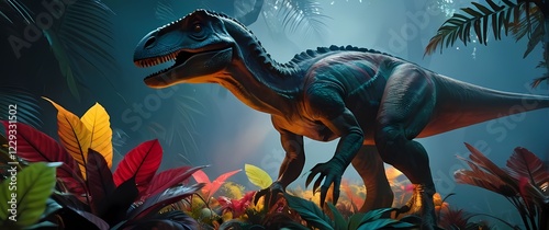 A dynamic close up of a feathered dinosaur lurking among a patch of colorful foliage
