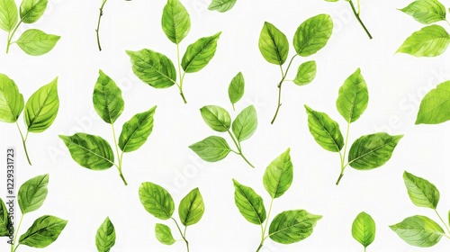 Bright green leaves with different shapes on a white background creating a fresh arrangement, AI generated
