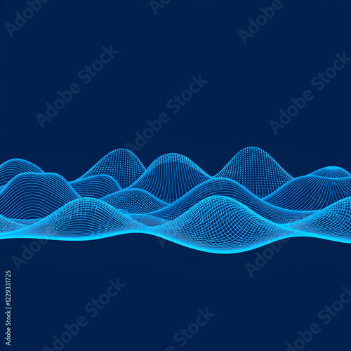 3d render of an abstract background with blue waves and mountains made from lines and dots photo