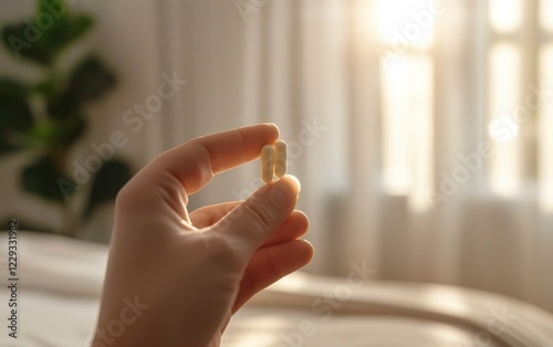 Closeup of hands holding two white pills. Copy space, defocused background. Sustainable health pragmatism concept. Sensible practicality, straightforward adaptable everyday self care routine photo