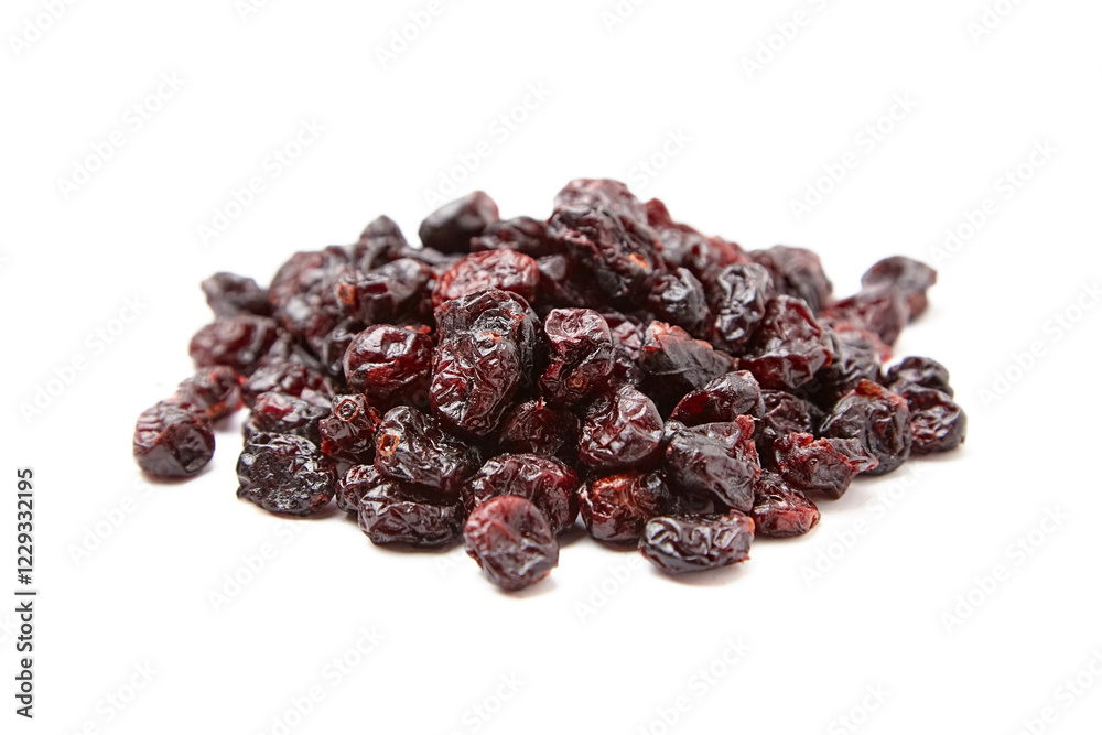 A compact heap of dried cranberries showcasing glossy textures, deep red hues, and wrinkled surfaces, isolated on a white background A compact heap of dried cranberries showcasing glossy textures, deep red hues, and wrinkled surfaces, isolated on a white background