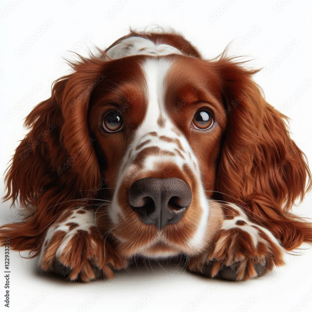 A beautiful brown and white dog rests its head on its paws, gazing with bright, expressive eyes. The atmosphere is warm and inviting, highlighting its playful nature and gentle demeanor A beautiful brown and white dog rests its head on its paws, gazing with bright, expressive eyes. The atmosphere is warm and inviting, highlighting its playful nature and gentle demeanor