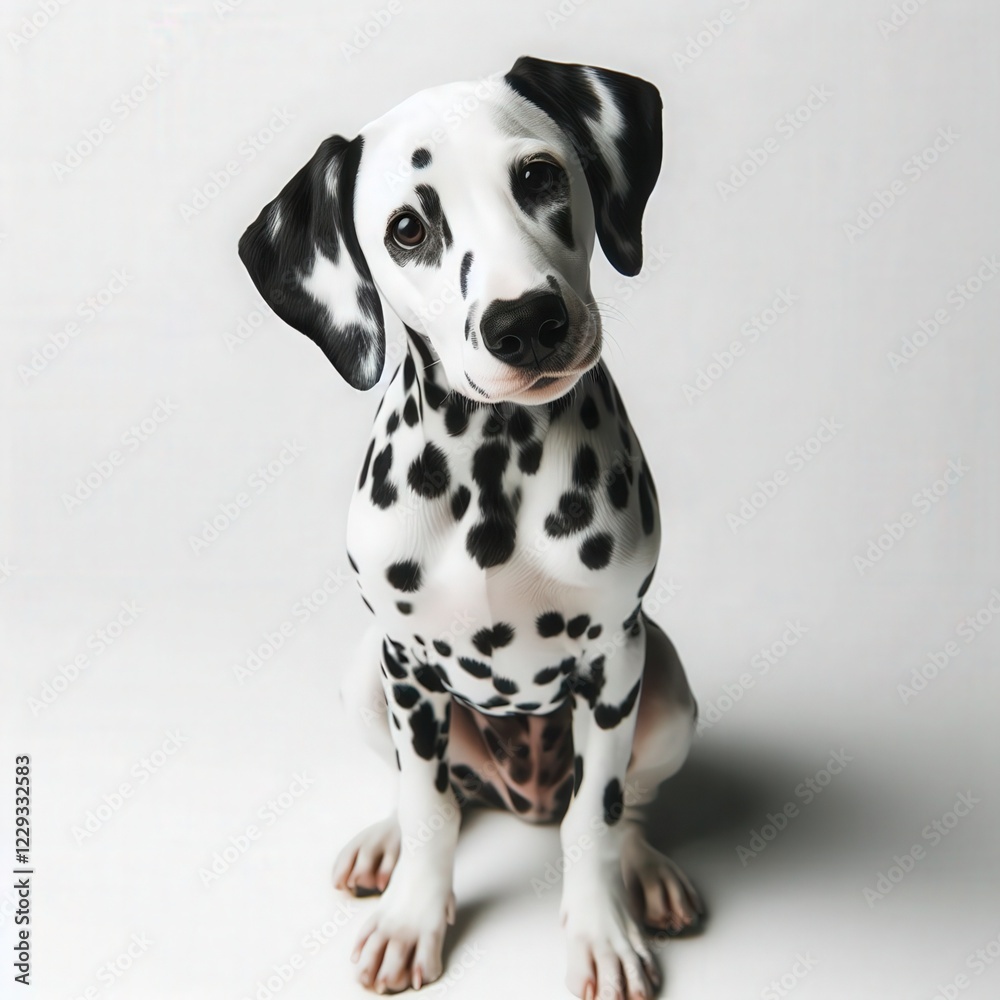 A playful dalmatian puppy with distinct black spots on a pristine white background, boasting a curious expression while sitting. Its large eyes reflect a lively spirit A playful dalmatian puppy with distinct black spots on a pristine white background, boasting a curious expression while sitting. Its large eyes reflect a lively spirit