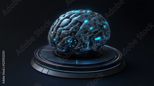 A high-resolution AI brain with illuminated circuits and a soft blue glow, positioned on a sleek circular pedestal in black and blue tones.