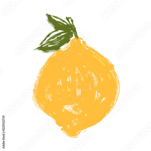 One Grunge Brush Painted Lemon Isolated on White Background. Modern Brush Stroke Lemon Fruit Icon. Creative grungy brush painted lemon design 