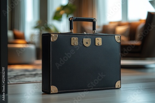 Elegant black briefcase placed in a modern living room showcasing luxury and style during the daytime