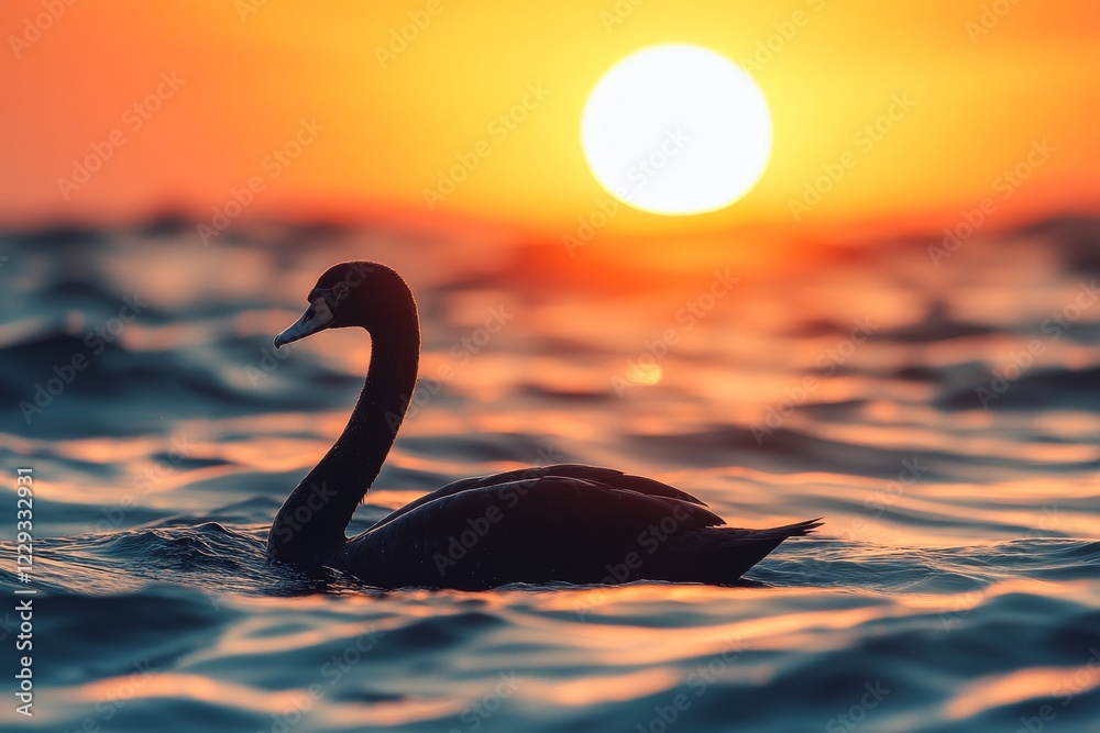 Fototapeta premium Swan gliding gently on water as sunset creates a stunning backdrop over the horizon