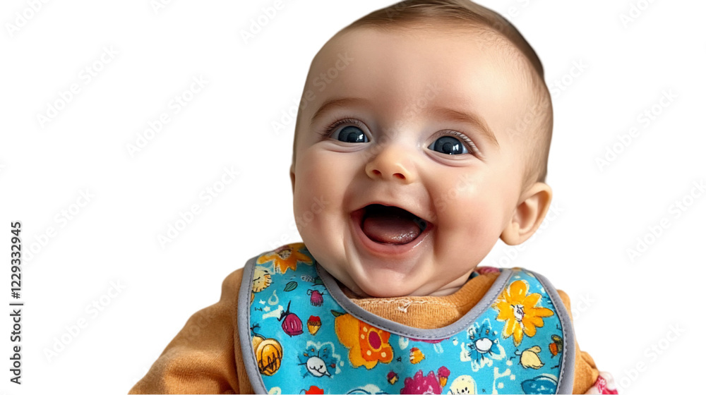 Closeup Portrait of a Happy Baby Laughing, Wearing a Colorful Bi Closeup Portrait of a Happy Baby Laughing, Wearing a Colorful Bi