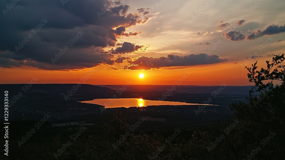 Naklejka premium majestic sunset views, Stunning natural light from the sky Clouds rolling colorful sunset, Spectacular views of the lake and surroundings, seen from the top of the Mountain