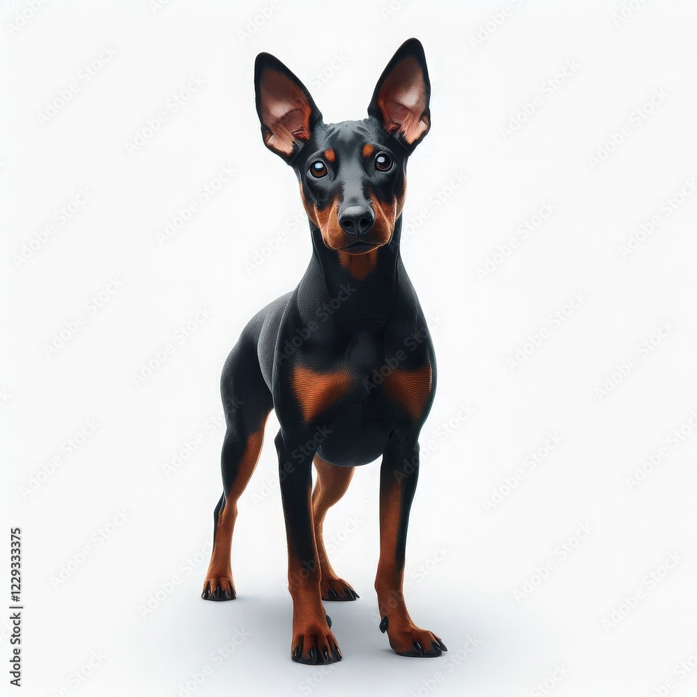 A striking dog with a sleek black and tan coat exudes confidence while standing in a minimalist, bright environment. Its large ears and alert expression draw attention A striking dog with a sleek black and tan coat exudes confidence while standing in a minimalist, bright environment. Its large ears and alert expression draw attention