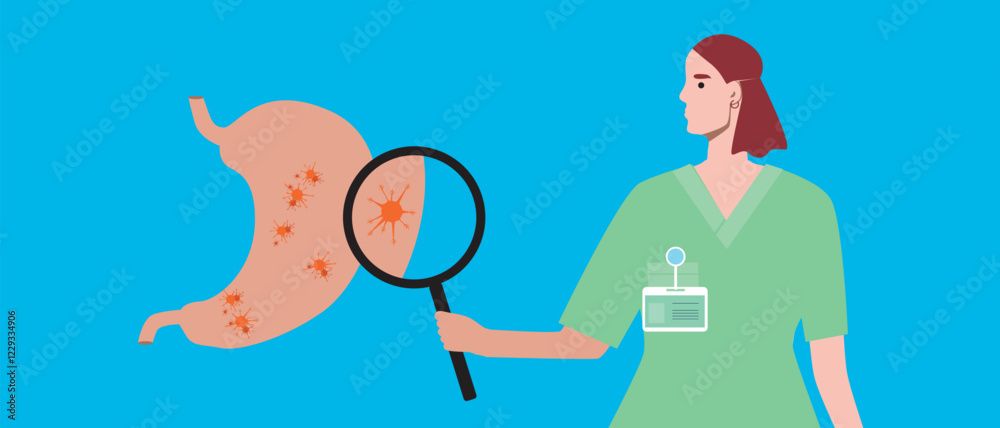 Stomach cancer concept as oncology, flat vector stock illustration with doctor and malignant tumor or stomach cancer Stomach cancer concept as oncology, flat vector stock illustration with doctor and malignant tumor or stomach cancer