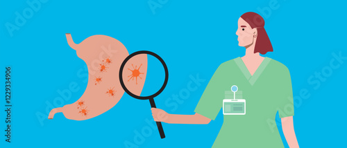 Stomach cancer concept as oncology, flat vector stock illustration with doctor and malignant tumor or stomach cancer