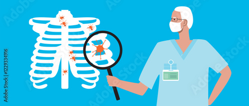 Bone cancer concept as oncology, flat vector stock illustration with doctor and malignant tumor or bone cancer