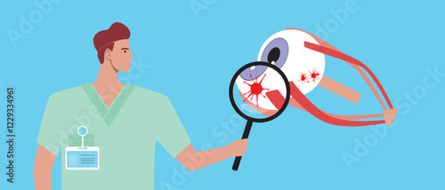 Eye cancer concept as oncology, flat vector stock illustration with doctor and malignant tumor or eye cancer