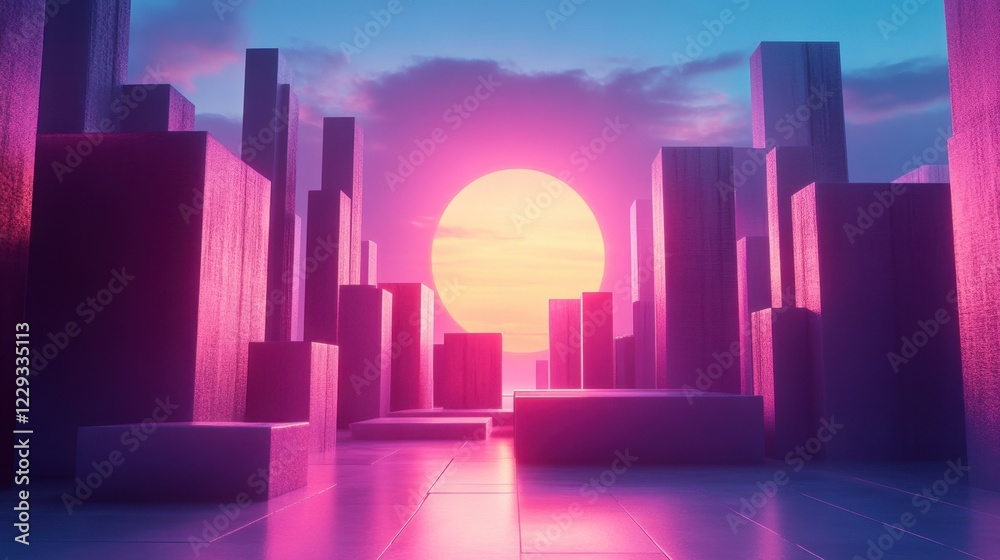 Futuristic cityscape at sunset with vibrant pink and purple hues Futuristic cityscape at sunset with vibrant pink and purple hues