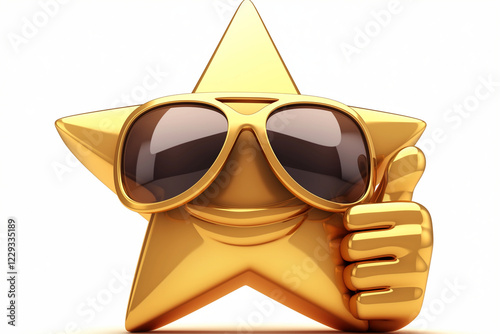 3D gold star in sunglasses with a thumb up on light backdrop