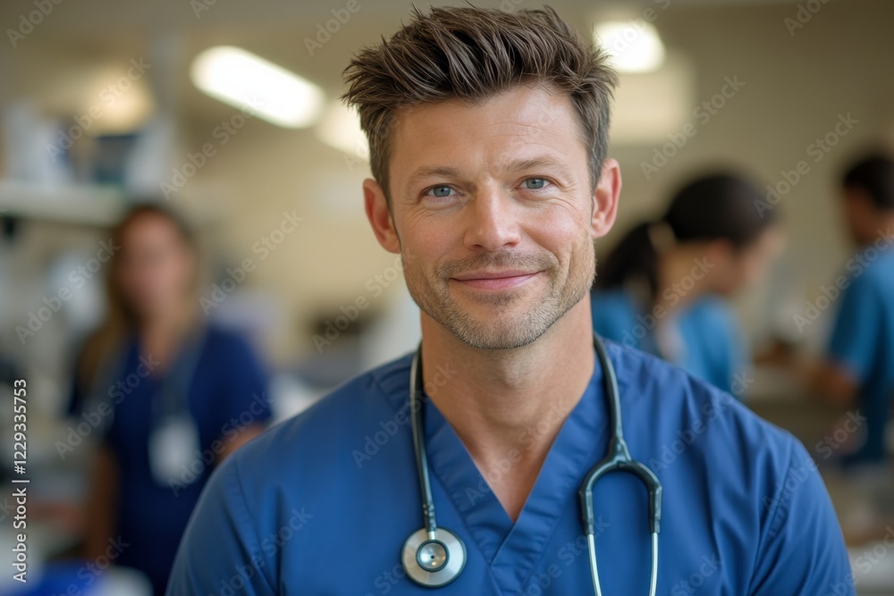 Male nurse smiling in a busy hospital environment while wearing scrubs and a stethoscope around his neck Male nurse smiling in a busy hospital environment while wearing scrubs and a stethoscope around his neck