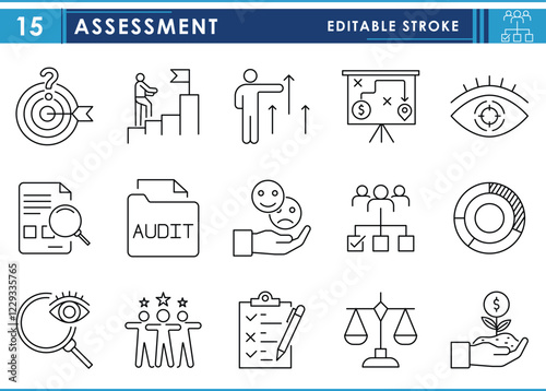 A set of line icons related to Assessment. Audit, analysis, plan, evaluation, quality process, happy, study, strategy, vision, and so on. Vector editable stroke.
