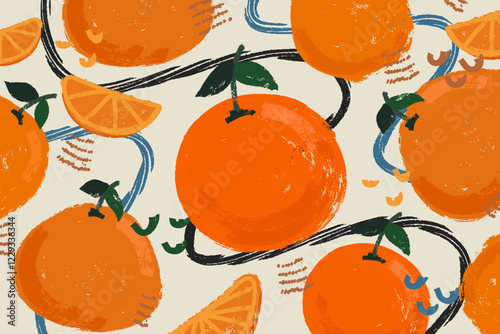 Grunge Creative Background with Tangerines and Bold Brush Textured Lines. Modern Maximalism Bold Fruit Market Backdrop in Chalk, Grungy Style. Creative brush painted tangerines design 
