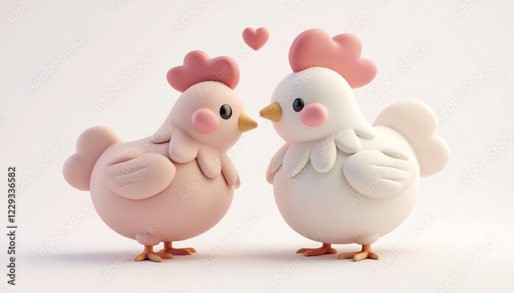 two cute cartoon chickens, one of them is looking at the other with a heart, 3d rendering