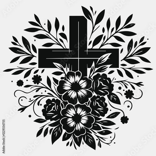 Christian Cross with Floral Design Silhouette in Black for Faithful and Religious Artwork and Decorations