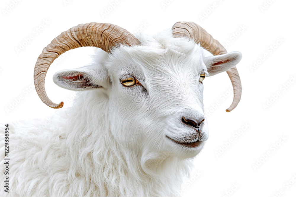 Closeup Portrait of a White Ram with Large Curly Horns Against a