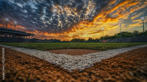 Baseball field low-angle view with a focus on the home plate, surrounded by the infield and stadium seats, under a cloudy sunset sky.