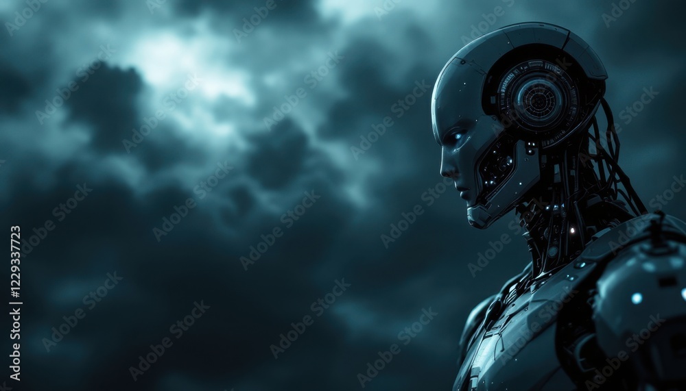 Robot figure in dark storm with clouds, a futuristic character. Robot figure in dark storm with clouds, a futuristic character.