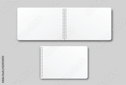 Vector realistic 3d spiral notebook mockup with white blank paper isolated on background. For the business presentation journal, notepad, booklet, catalogue, publisher, advertising corporate
