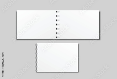 Vector realistic 3d spiral notebook mockup with white blank paper isolated on background. For the business presentation journal, notepad, booklet, catalogue, publisher, advertising corporate

