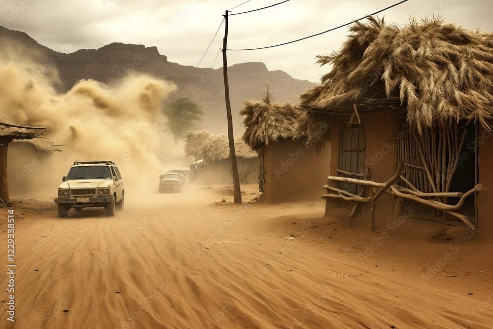 Fototapeta premium Cars racing through a desert village in a sandstorm, AI Generated, AI generated