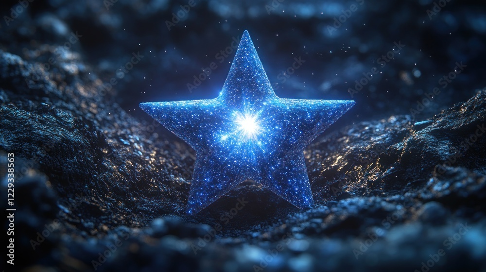 Glowing star, dark cosmic landscape, achievement, hope Glowing star, dark cosmic landscape, achievement, hope