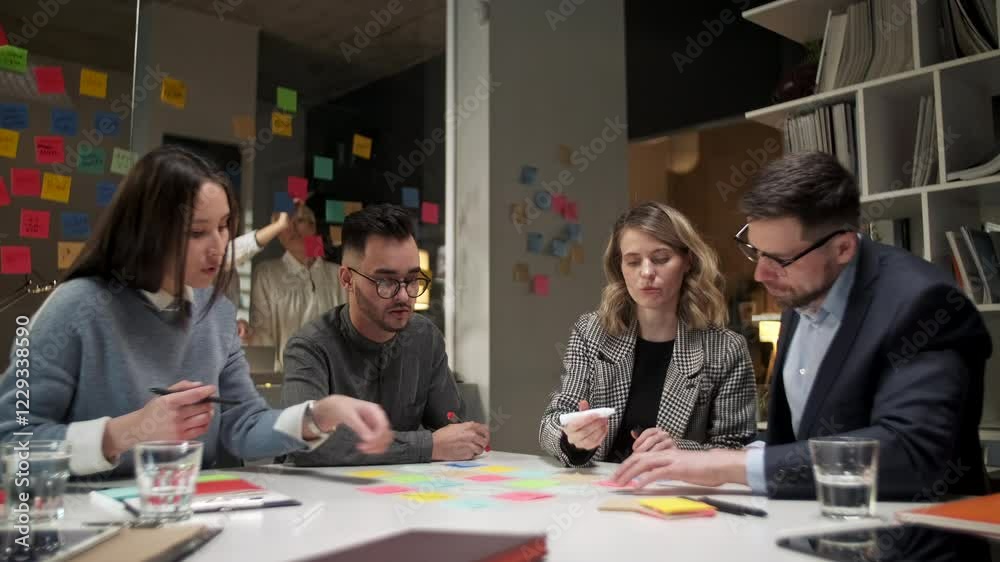 Creative Team Designers Are Working On New Project, Sharing Ideas, Writing Information On Colored Stickers. Glass Office Wall With Bright Memos Is In Background.