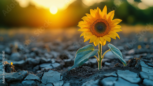 A resilient sunflower blooms in parched, cracked soil, illuminated by warm golden sunset light, symbolizing hope, survival, and perseverance in harsh conditions. photo