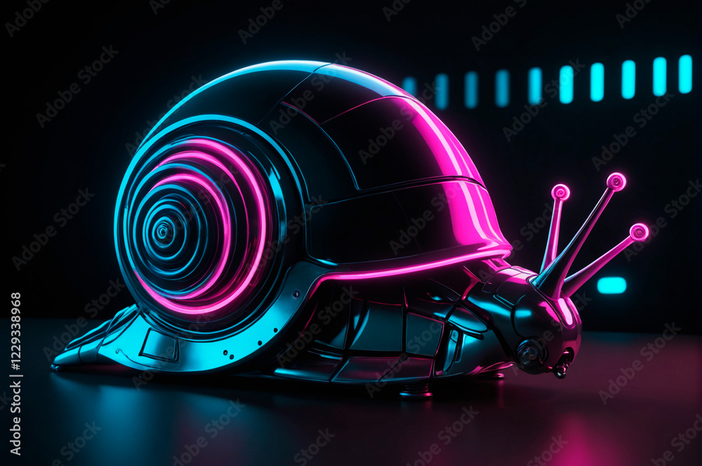 Fototapeta premium Portrait of a robotic snail, neon aesthetics, neo-noir. Generative AI.