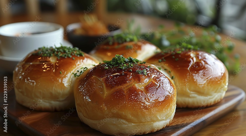 Glossy Japanese bread rolls topped with sesame seeds and parsley on a wooden serving board, ai generated, AI generated Glossy Japanese bread rolls topped with sesame seeds and parsley on a wooden serving board, ai generated, AI generated