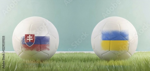 Slovakia vs Ukraine football match infographic template for Euro 2024 matchday scoreline announcement. Two soccer balls with country flags placed against each other on the green grass with copy space. AI generated art photo