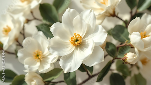 Beautiful white magnolia flowers blooming against a soft natural background.