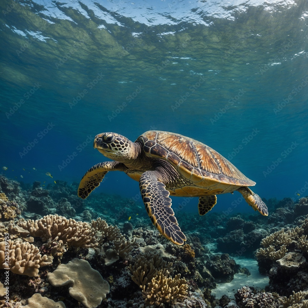 Fototapeta premium A majestic sea turtle gliding through a coral reef.