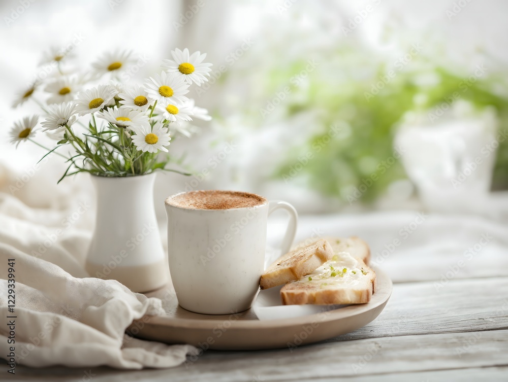 Tray with Cappuccino, Toasts, Linen Napkin, and Daisies
