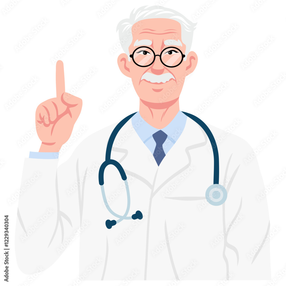 Old Doctor Senior Raises Finger with Stethoscope Illustration Vector Flat Design Old Doctor Senior Raises Finger with Stethoscope Illustration Vector Flat Design