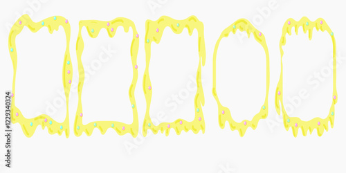 Yellow candy drips with scattered pearls on the forms - flowing sweet streams, sugary glaze with glossy melted texture Confectionery design element.