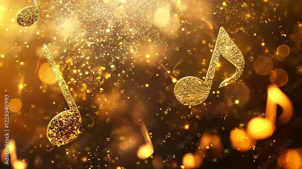 Golden Music Notes Flowing, Flying on Golden Bokeh Background