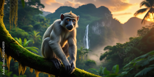 Langur on its habitat, Papua Forest, extinct animal sunset, tropical forest, river, created by generative ai